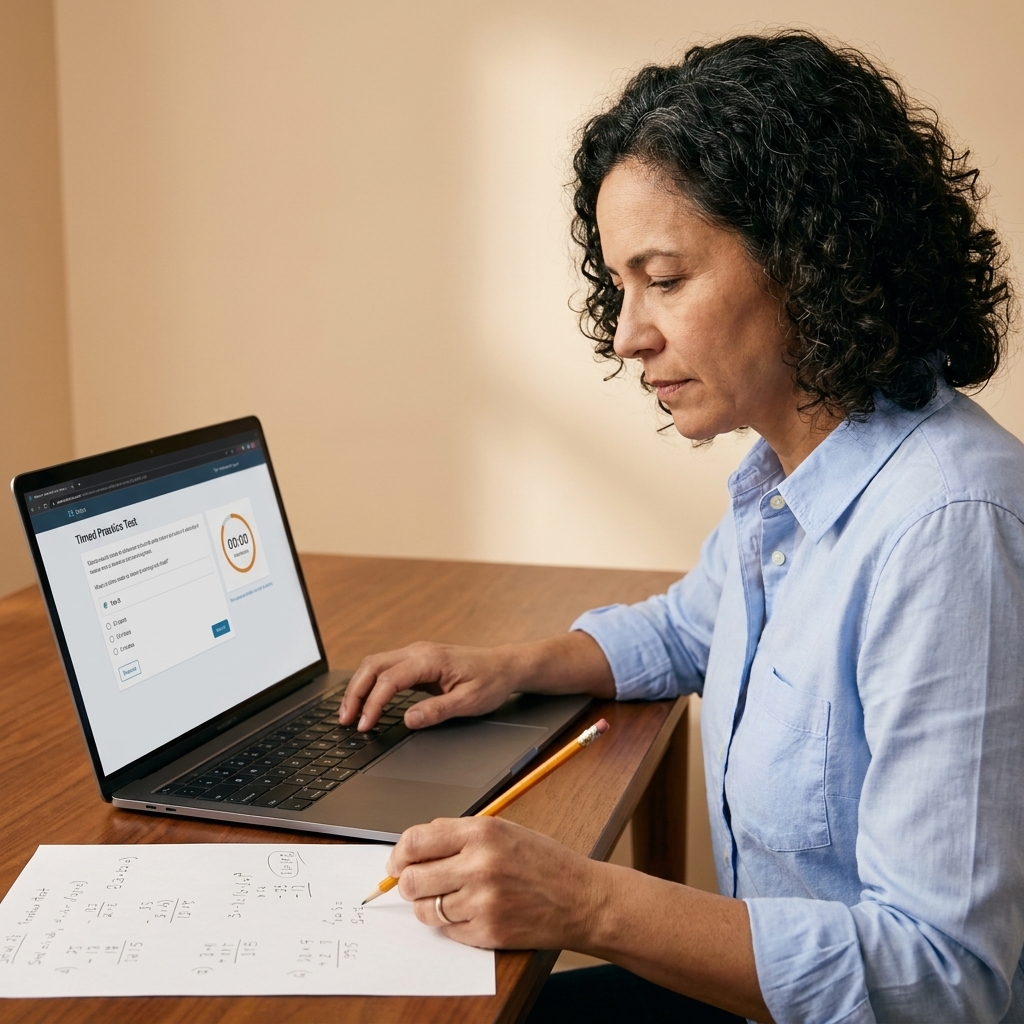 A student sitting at a desk using a laptop for a timed practice test, with scratch paper and a pencil beside the computer.