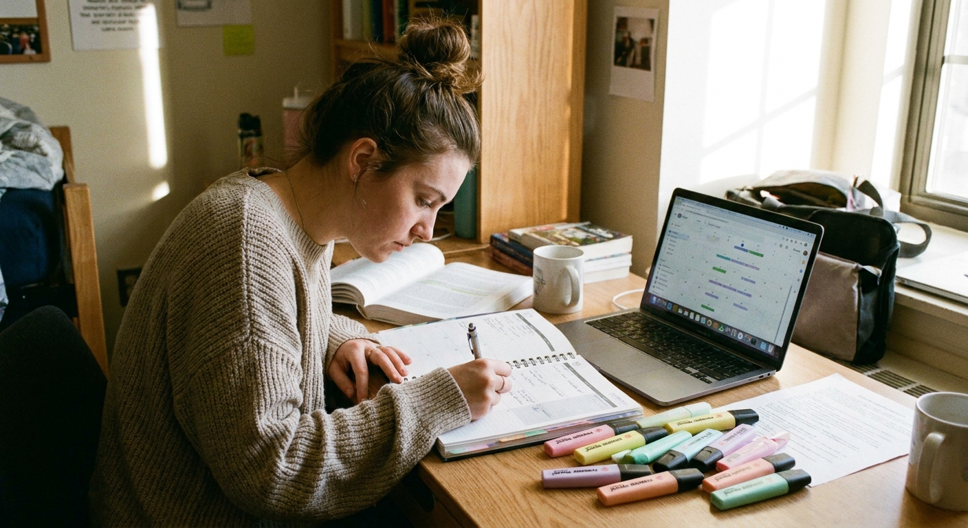 A student sitting at a desk with an open planner and a laptop, writing a weekly schedule while textbooks and highlighters sit nearby