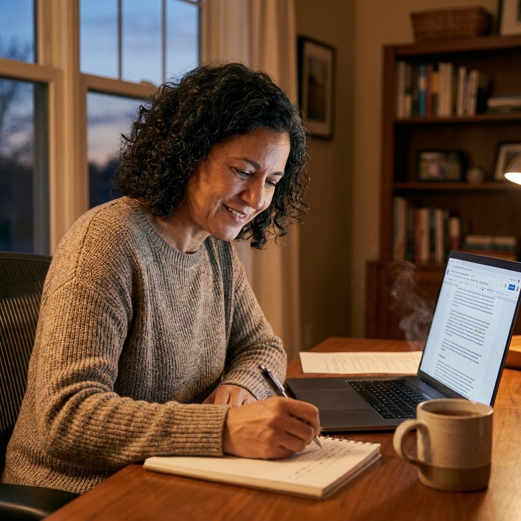A student sitting at a desk writing an essay by hand beside a laptop, with a cup of tea and a calm evening light through a window