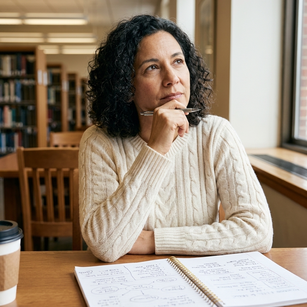 A student sitting at a library table with an open notebook full of handwritten brainstorming notes and a pen paused mid-thought