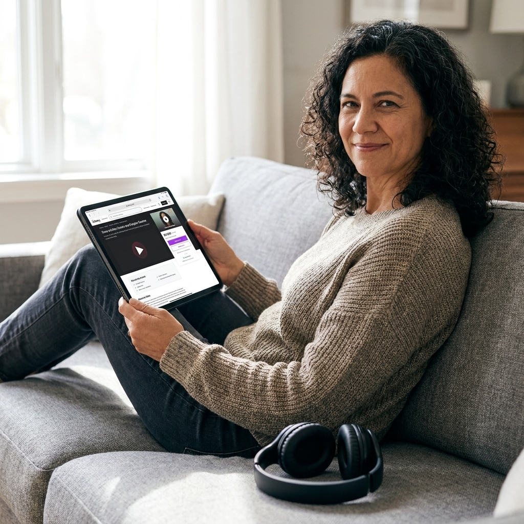 A student sitting on a couch using a tablet with a Udemy course page open, headphones resting nearby
