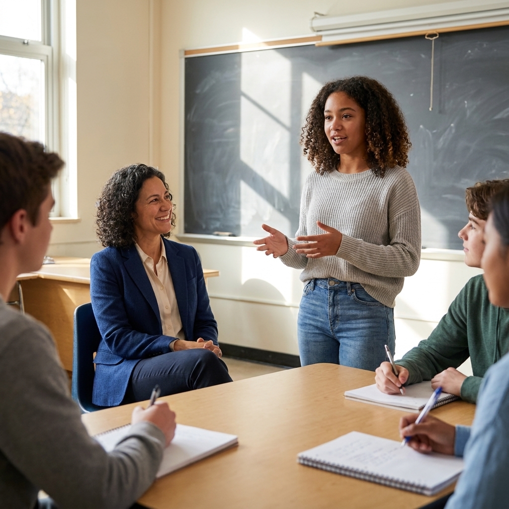 A student speaking during a small after-school club meeting in a classroom while other students listen and take notes
