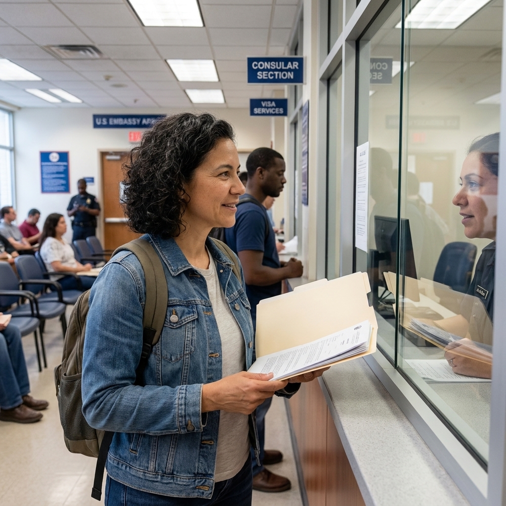 A student standing at a service window inside a US embassy or consulate waiting area, holding a folder of documents, candid real-world photograph