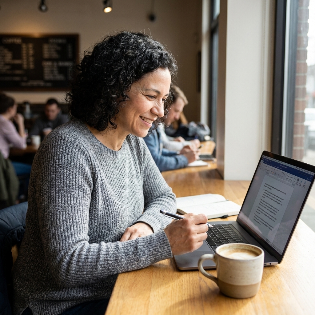 A student studying at a coffee shop with a laptop open to notes and a cup of coffee on the table