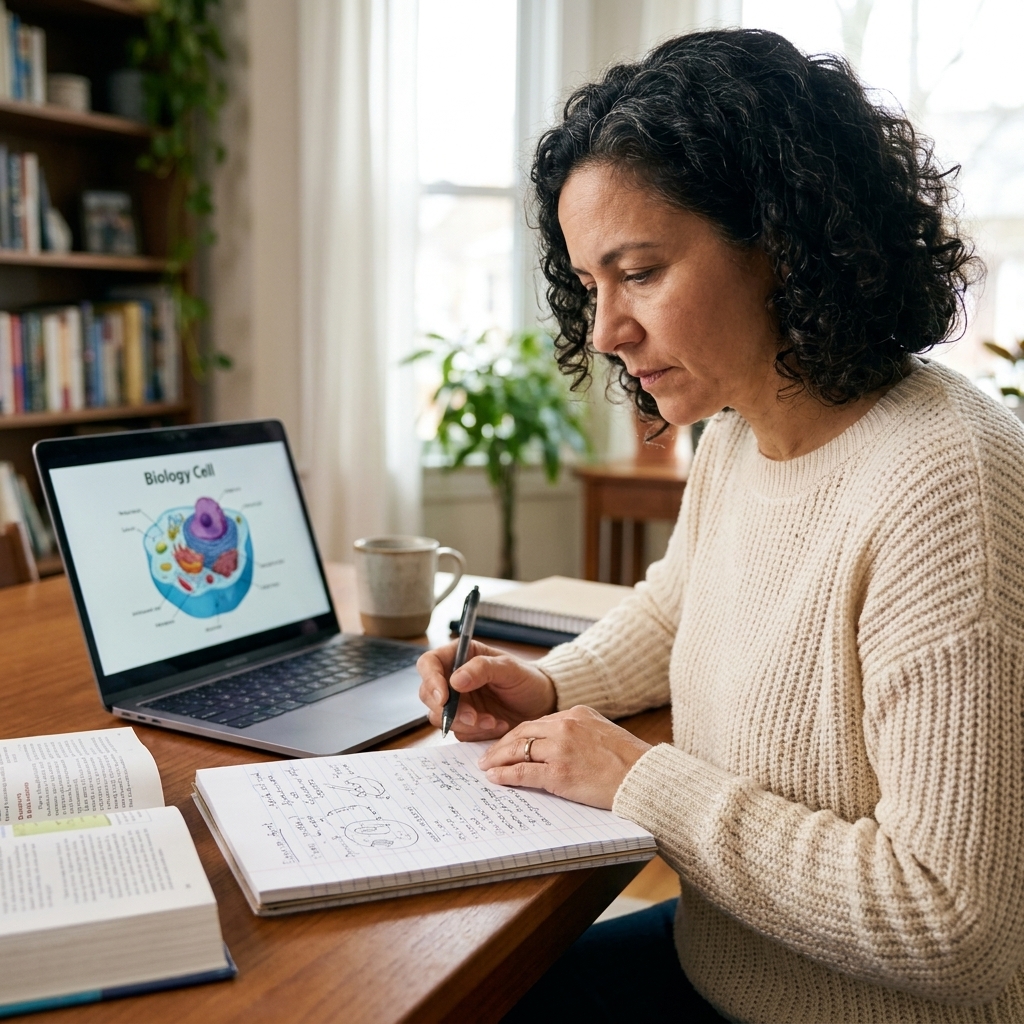 A student studying biology at home with a laptop open and a science notebook beside it, concentrating on organizing notes