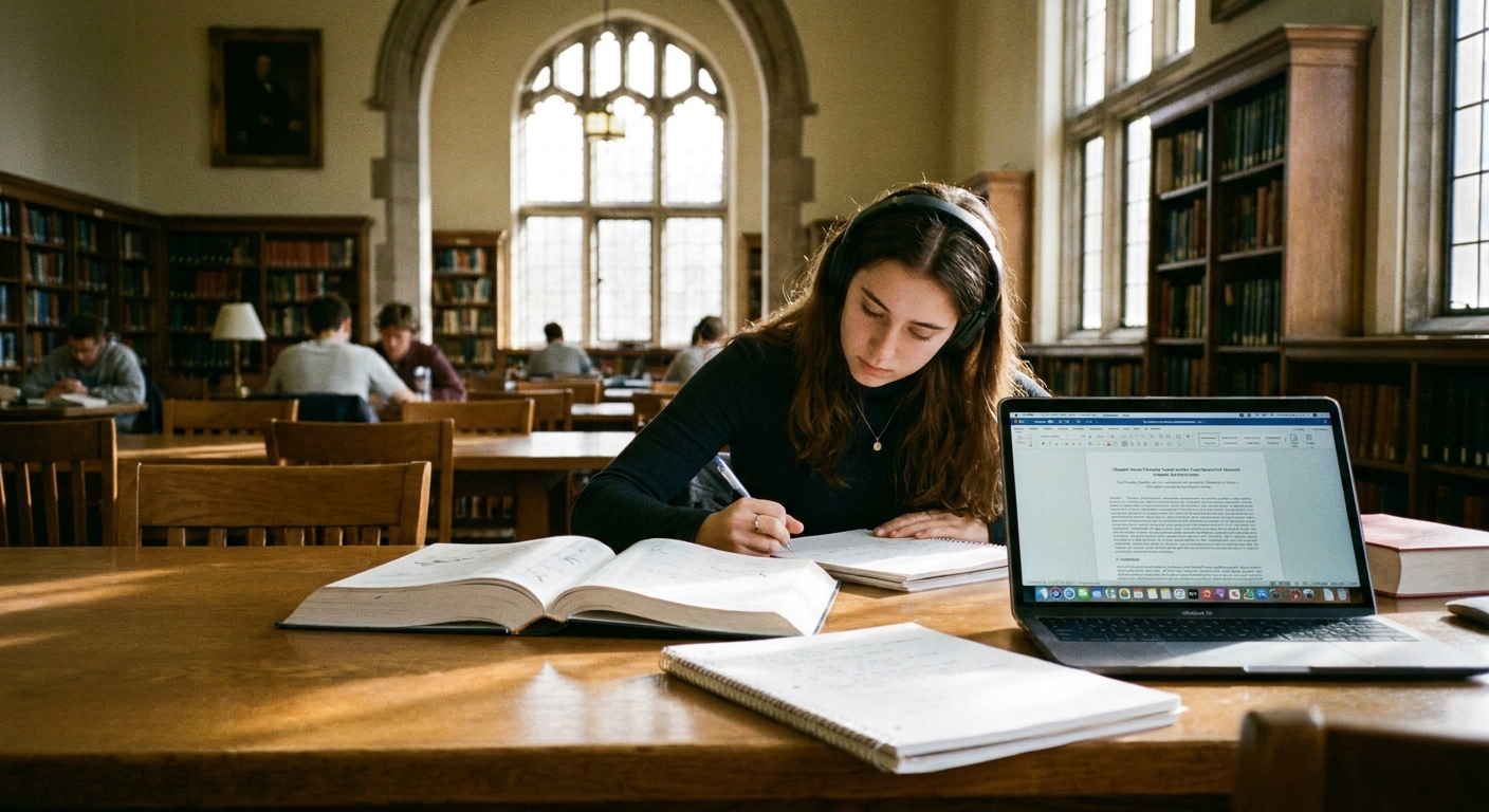 A student studying independently at a library table with a laptop and open textbook, quiet focused setting