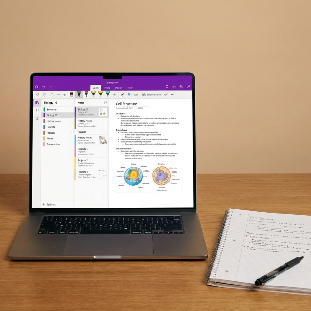 A student-style notebook interface open on a laptop screen next to a pen and paper on a desk, showing organized sections and pages