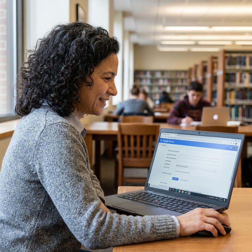 A student using a laptop with Google Scholar open and the advanced search options visible