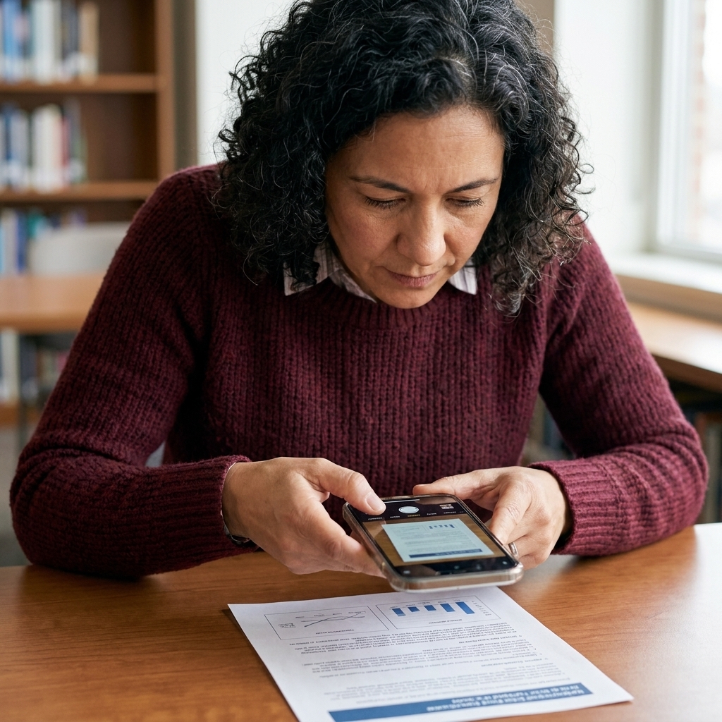 A student using a smartphone to scan a paper handout on a desk, with the phone camera focused on the document