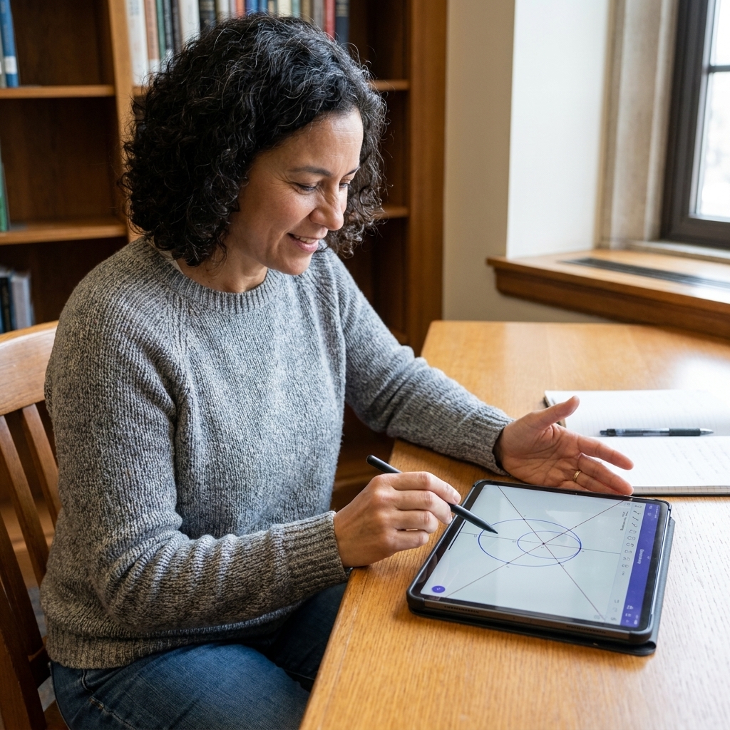 A student using a tablet with an interactive geometry construction open, hands holding a stylus above the screen