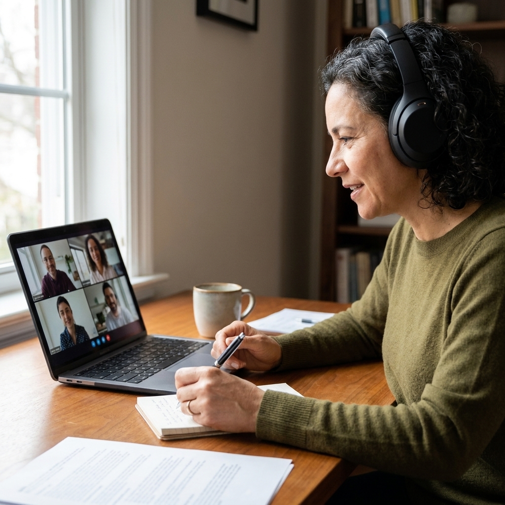 A student wearing headphones at a desk attending a virtual office hours session on a laptop, listening attentively and taking notes