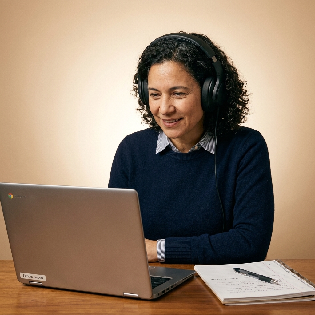 A student wearing headphones attending a live virtual class at a desk with a notebook and a school-issued laptop.