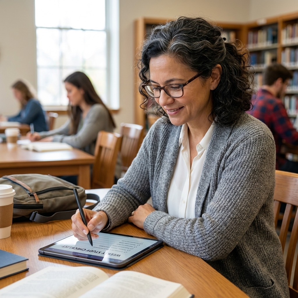 A student writing a weekly study checklist on a tablet with a stylus at a quiet library table