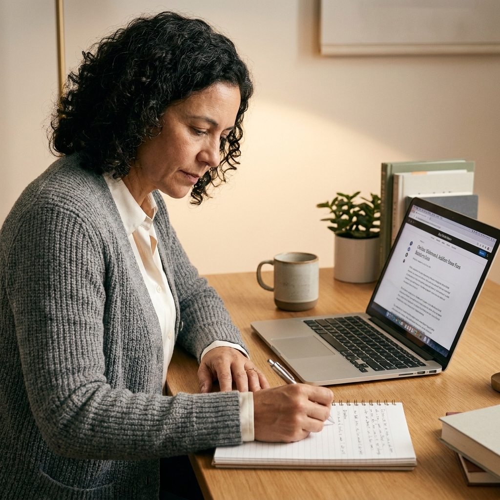 A student writing notes in a spiral notebook with a laptop open nearby on a tidy desk, focused and studying