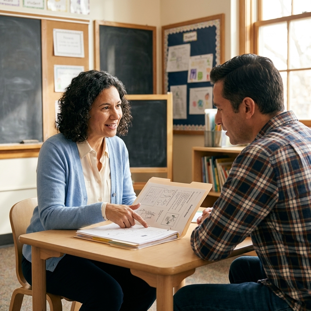 A teacher and a parent talking at a small school table with student folders open, during a daytime conference