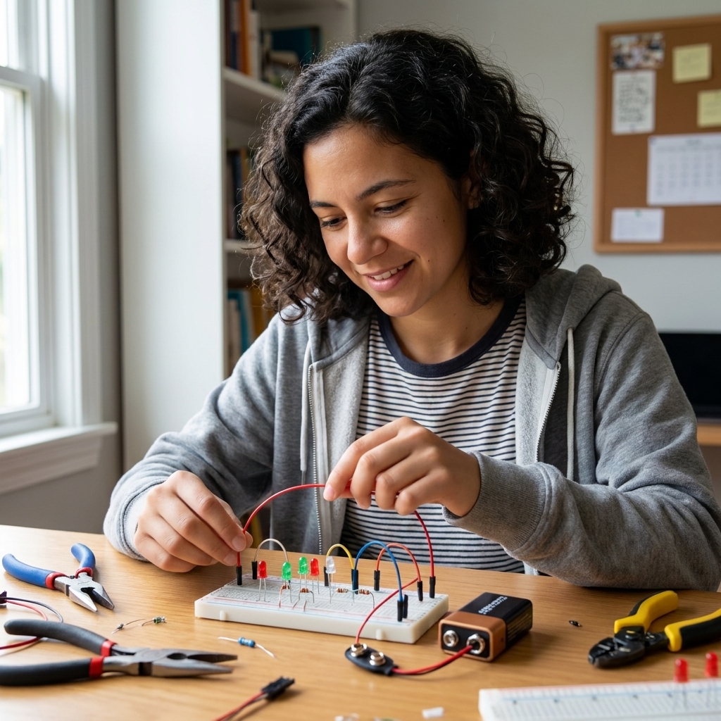 A teenager assembling a simple LED circuit on a breadboard at a home workspace with wires and a battery pack