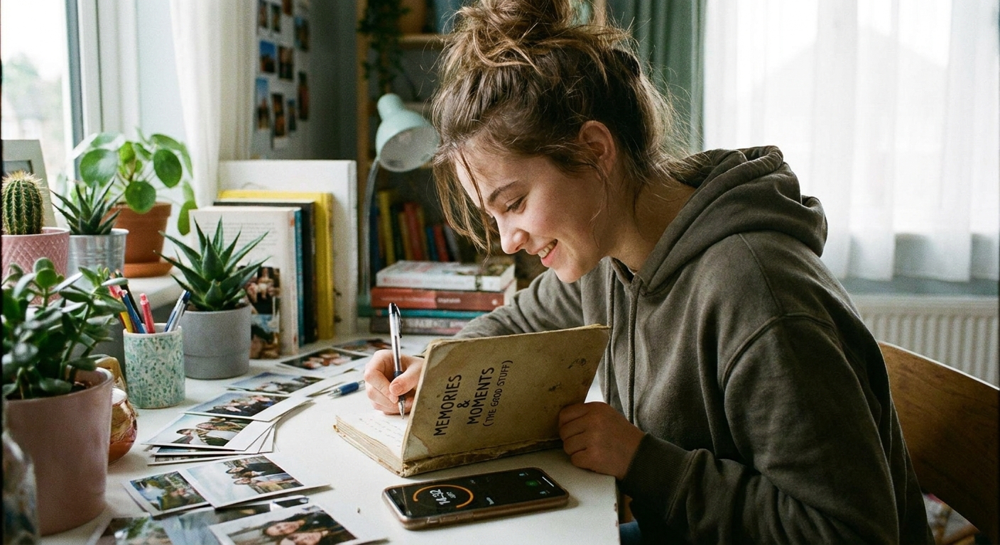A teenager at a desk writing a list of memories and moments in a notebook while a phone timer sits nearby