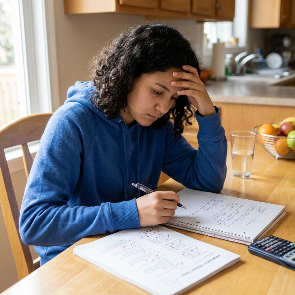 A teenager at a kitchen table reviewing a marked-up practice test with a notebook open and a calculator nearby.