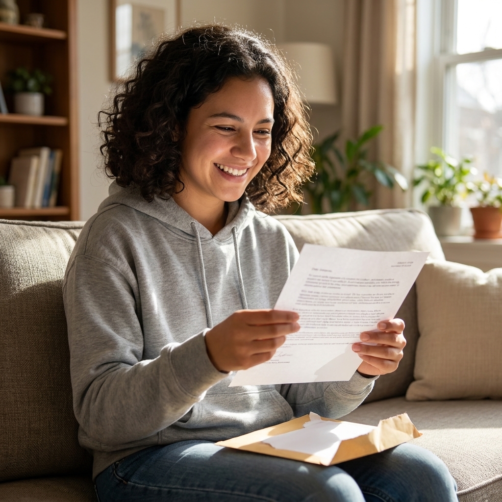 A teenager sitting on a living room couch opening a college admission letter envelope with a relieved smile
