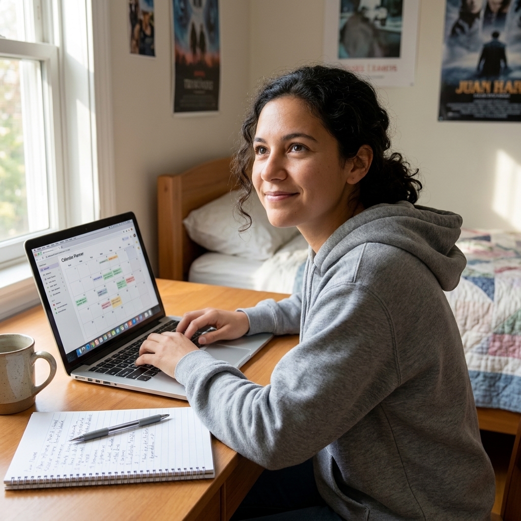 A teenager studying at a desk with a laptop open, a notebook beside it, and a planner app visible on the screen in a bright bedroom