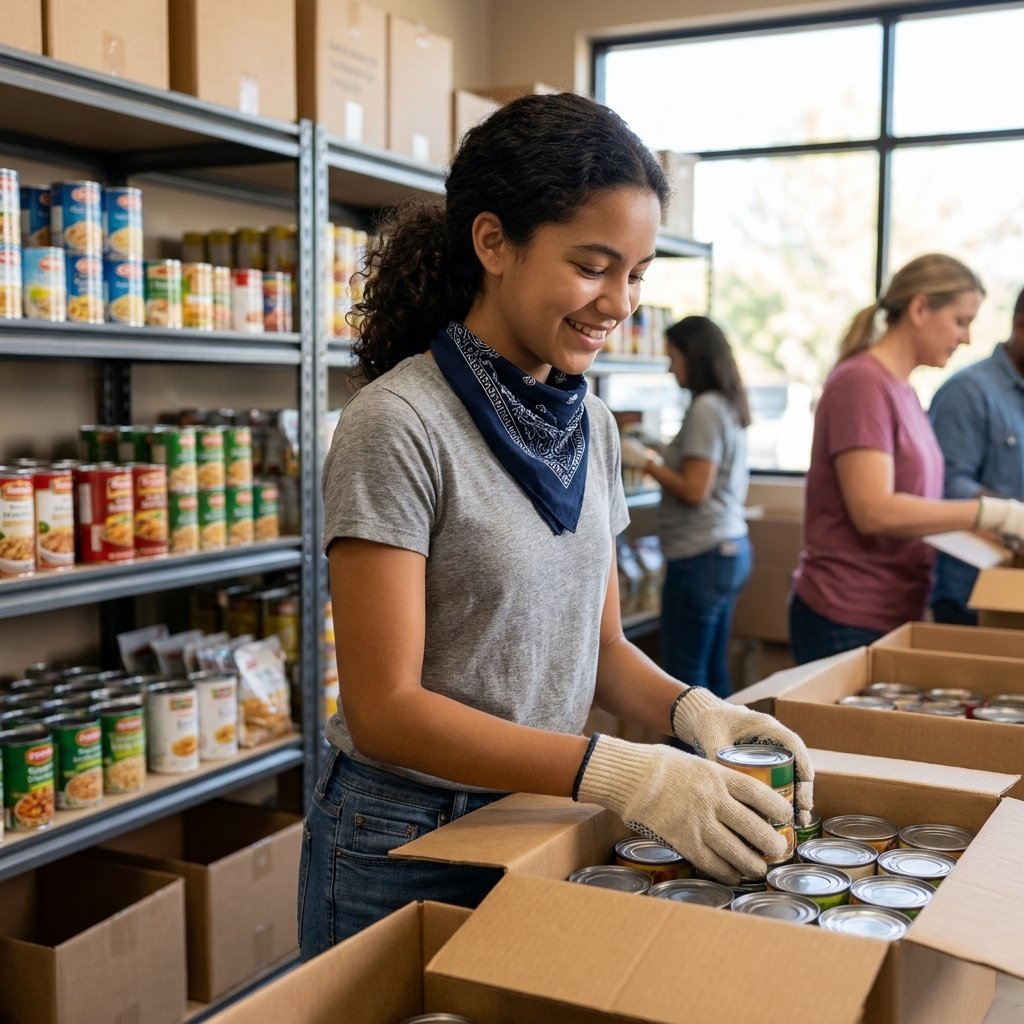 A teenager wearing volunteer gloves and sorting canned goods at a local food bank warehouse
