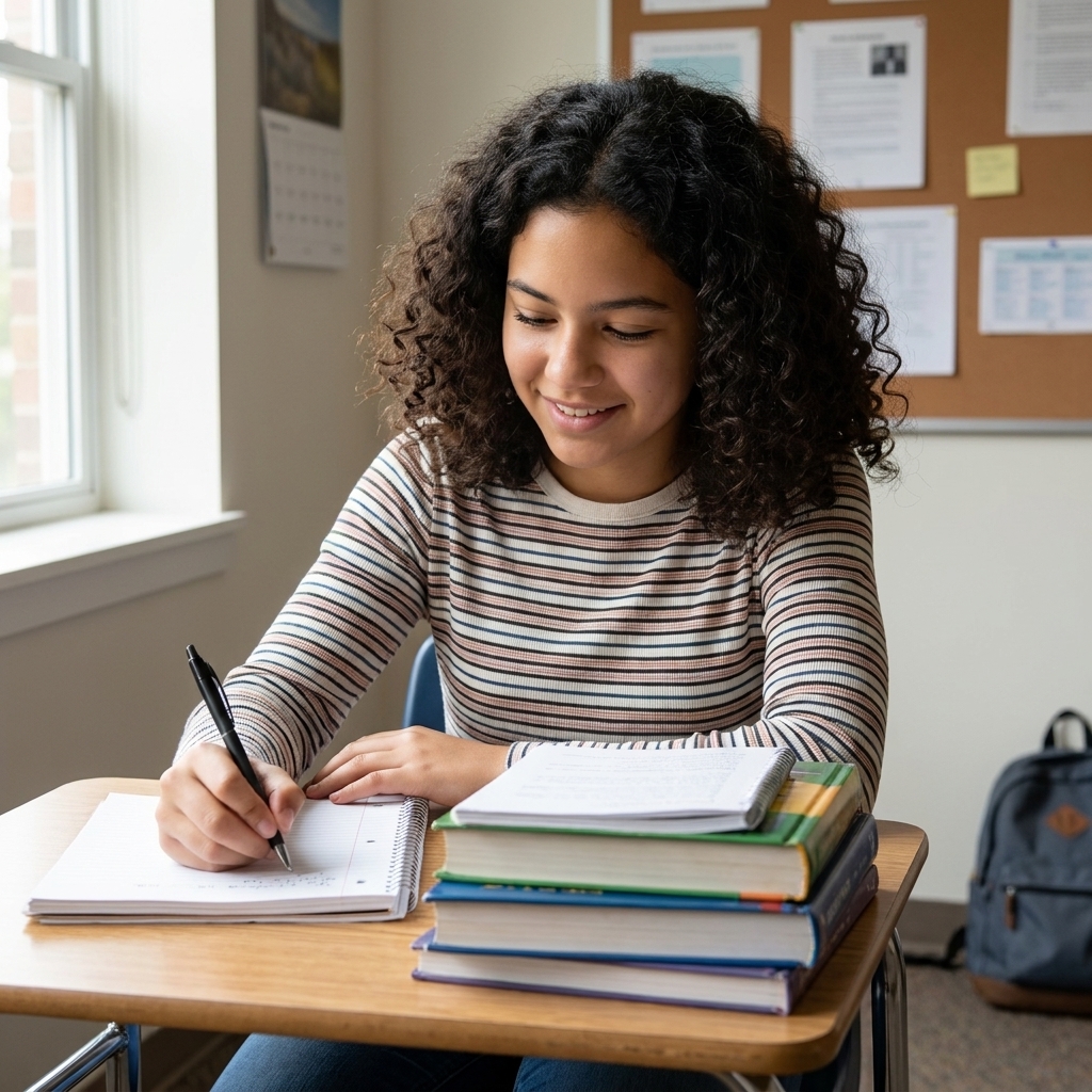 A teenager writing a homework checklist in a notebook with a pen, textbooks stacked nearby on a desk