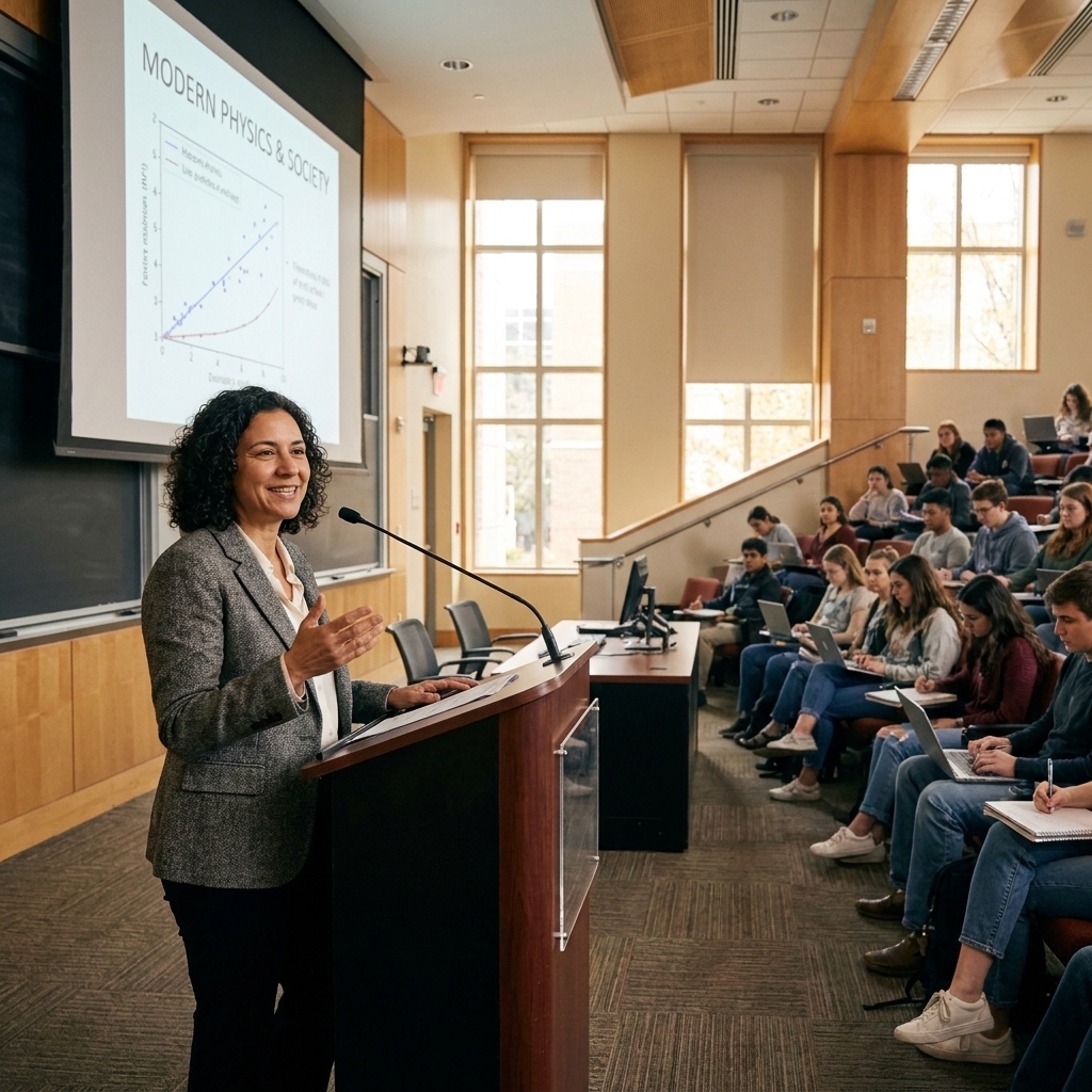 A university lecture hall with a professor at the front and students taking notes, a projector screen visible in the background