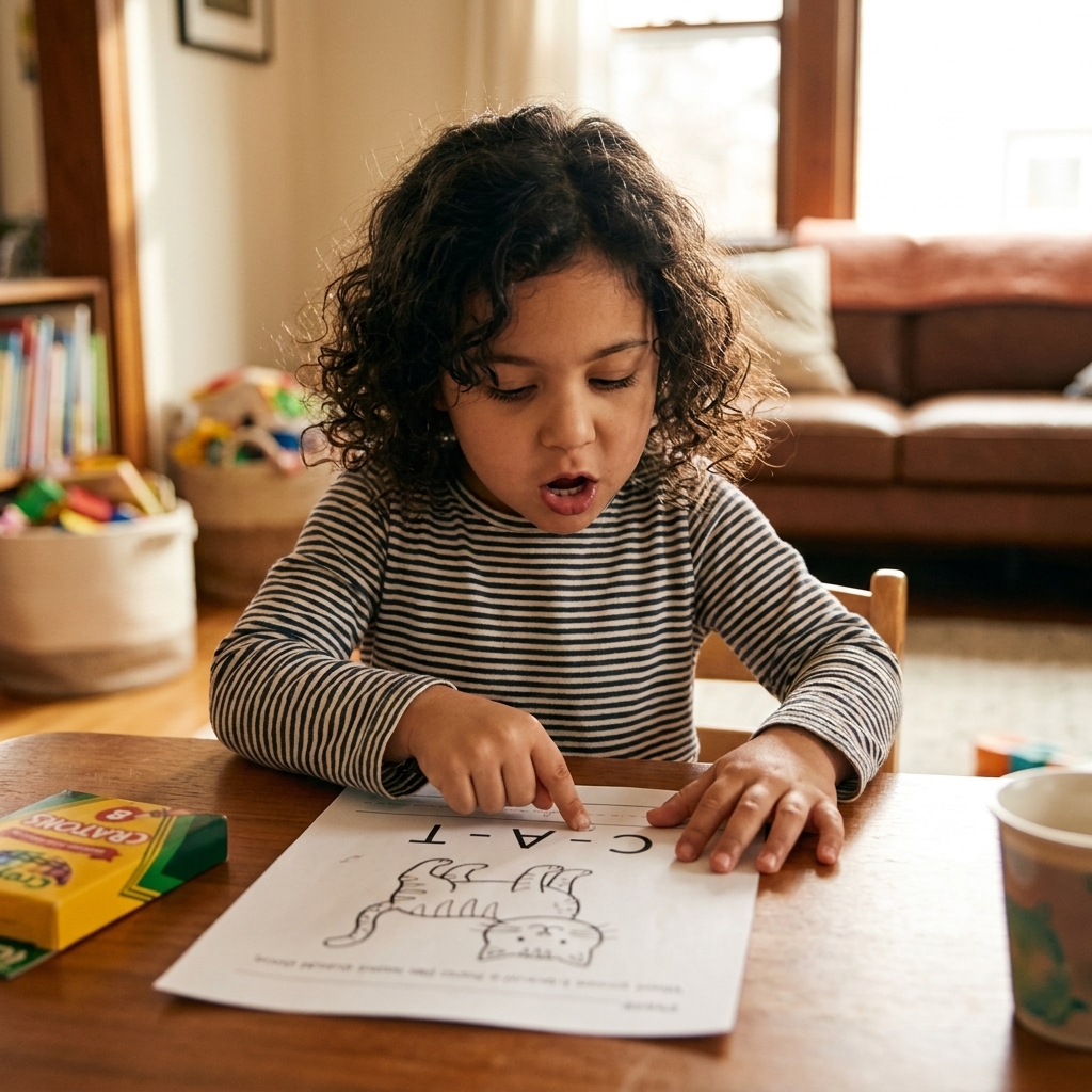 A young child using their finger to track letters while sounding out a short CVC word on a beginner worksheet at home