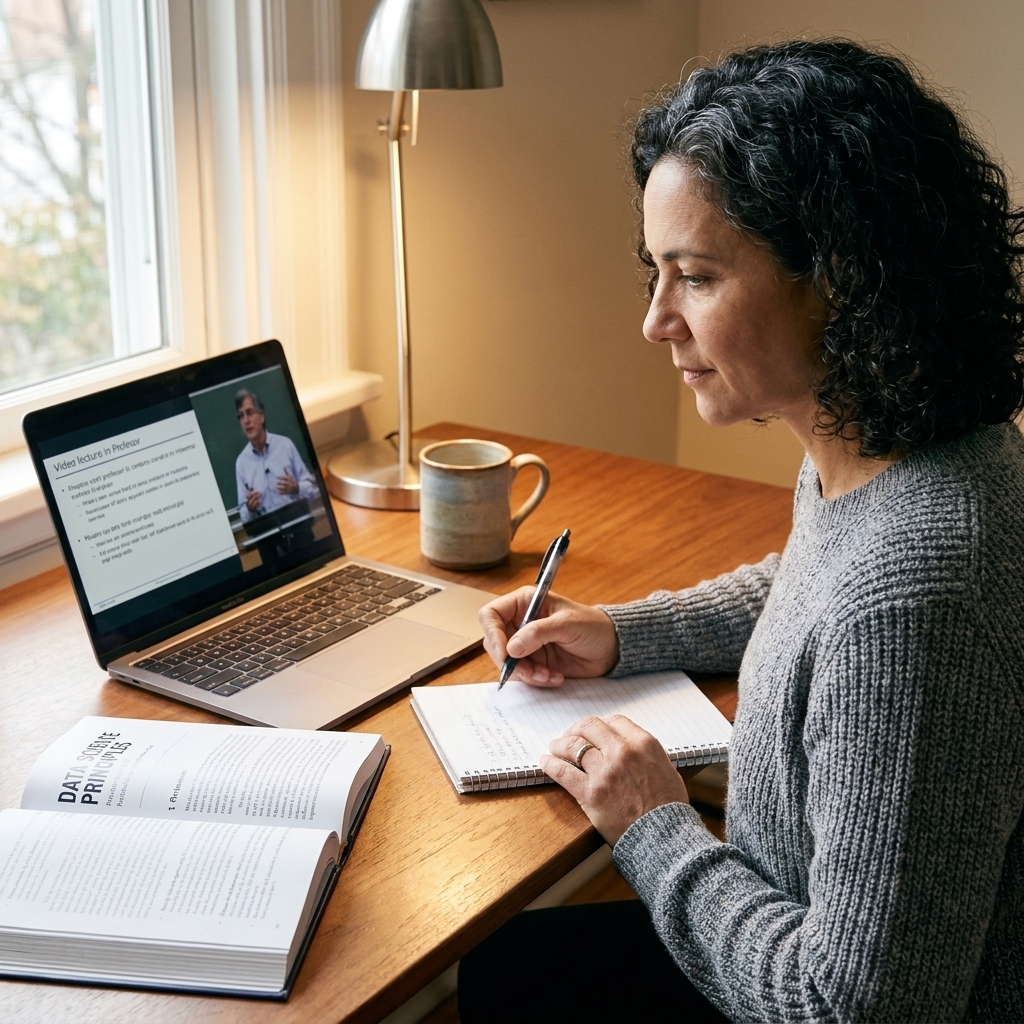 An adult learner at a desk writing in a notebook while watching a recorded lecture on a laptop, with a textbook open nearby