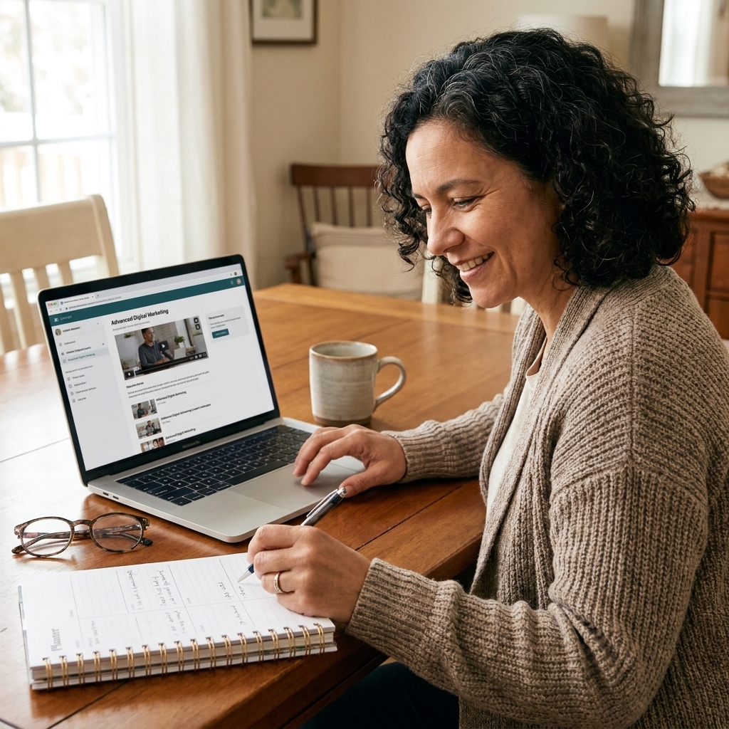 An adult learner reviewing a course page on a laptop while writing in a notebook planner at a dining table.