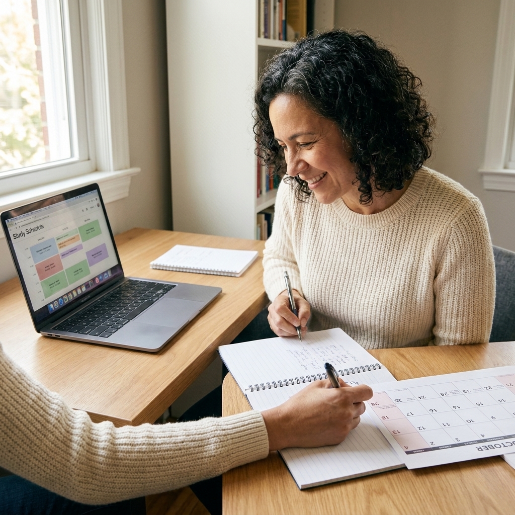 An adult learner writing a weekly study plan in a notebook beside a paper calendar and a laptop on a tidy desk