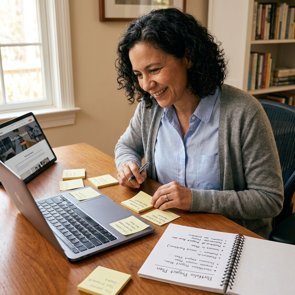 An adult professional working on a portfolio project at a desk with a laptop, sticky notes, and a notebook open to a project plan
