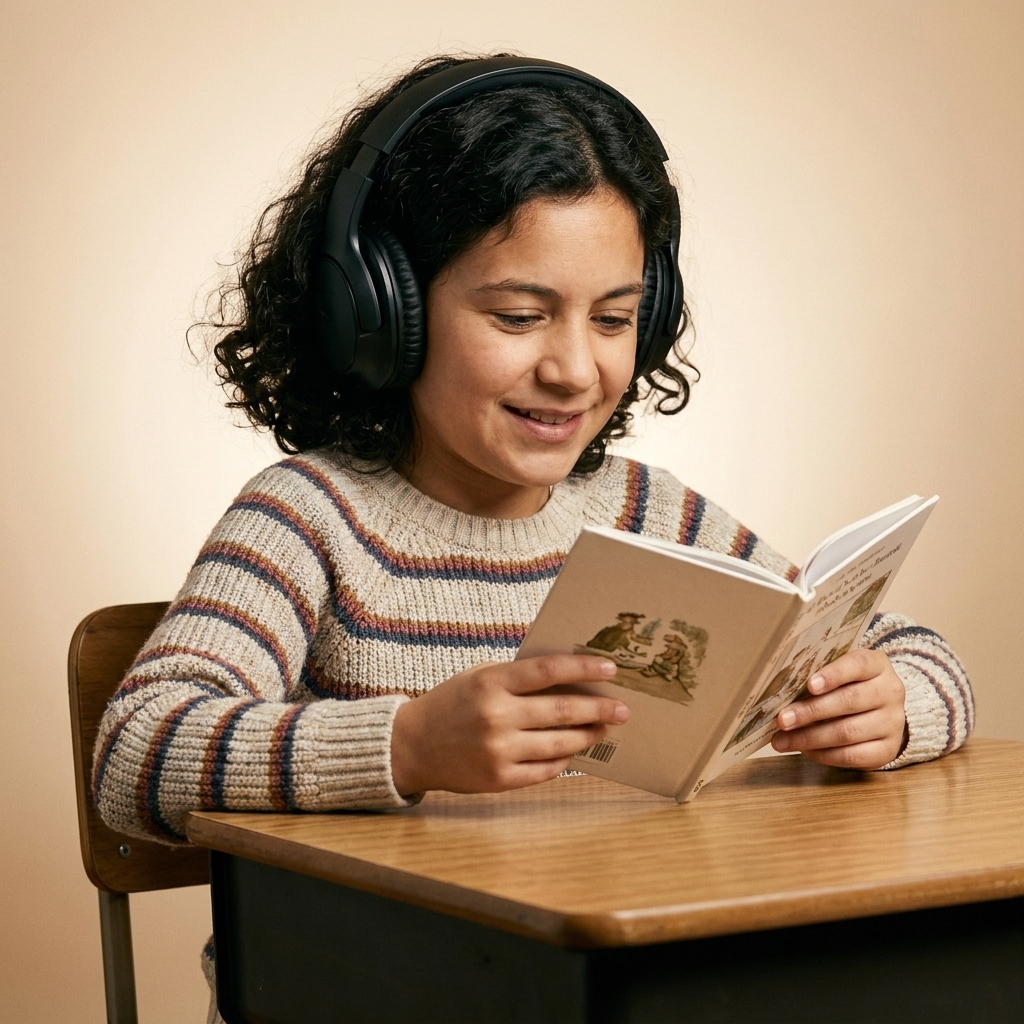 An elementary-aged child wearing headphones at a desk, listening attentively while looking at a small book
