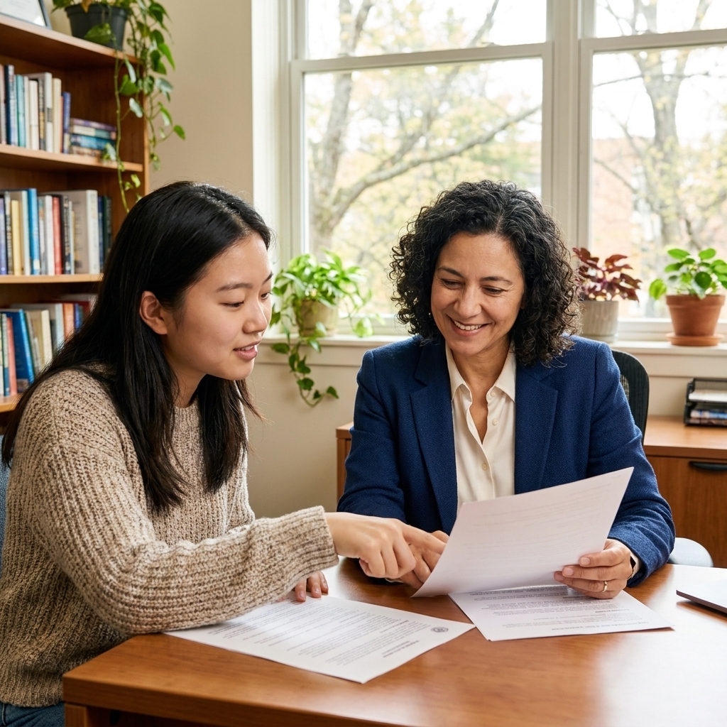 An international student meeting with a college advisor in a campus advising office, reviewing application documents together at a desk, candid photograph