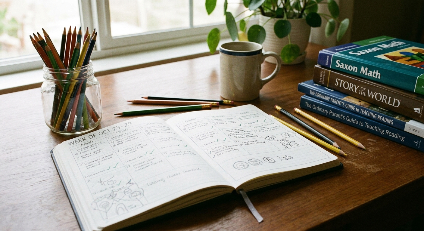 An open weekly planner on a table next to pencils and a stack of homeschool books, suggesting organized lesson planning