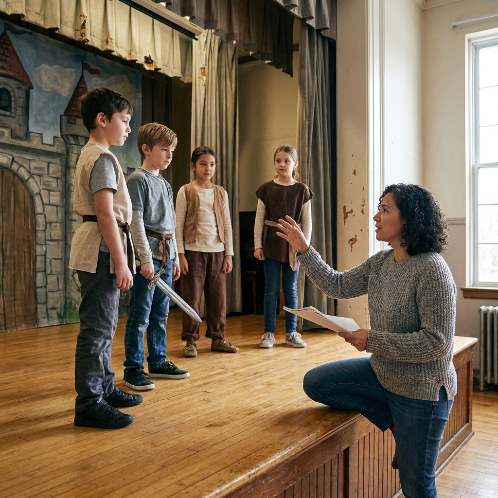 Children rehearsing a scene on a small stage while a director gives guidance.