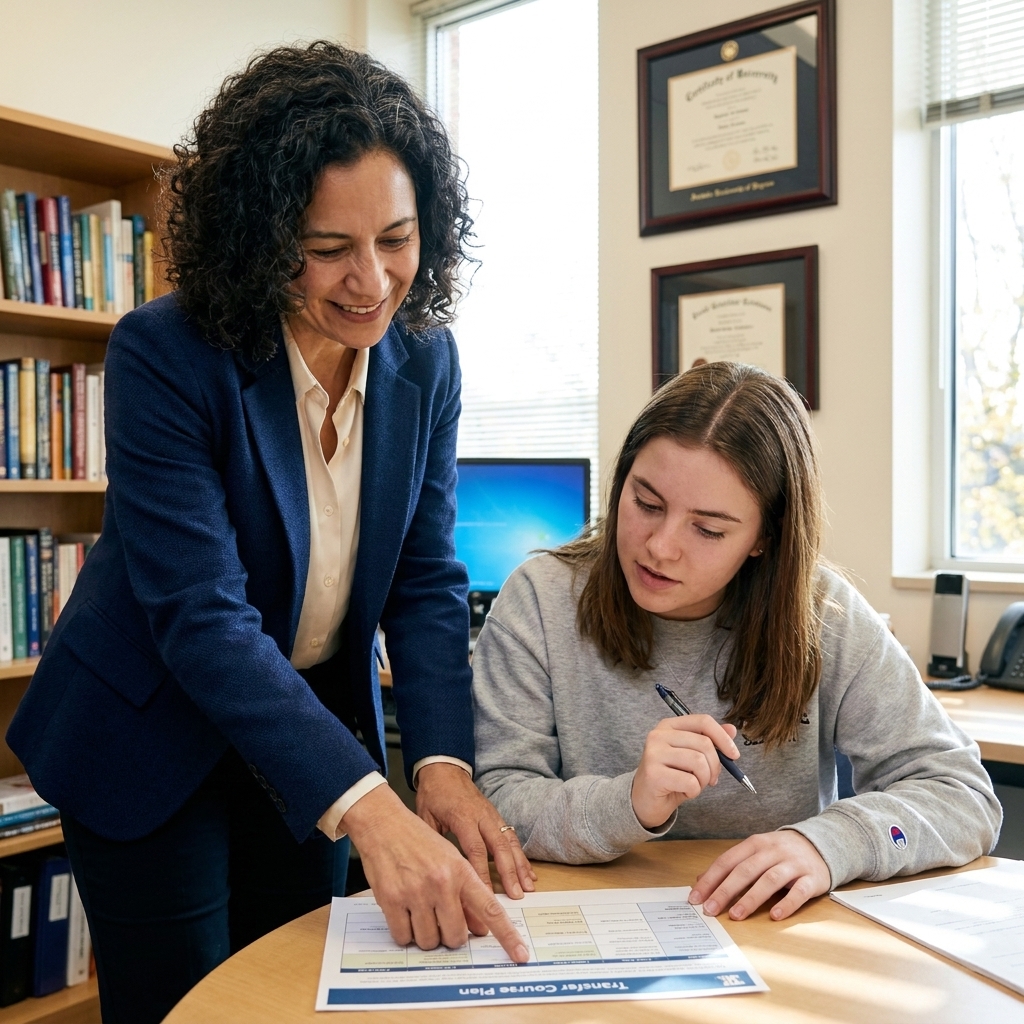 College student meeting with an academic advisor in a campus office, pointing to a transfer course plan on paper