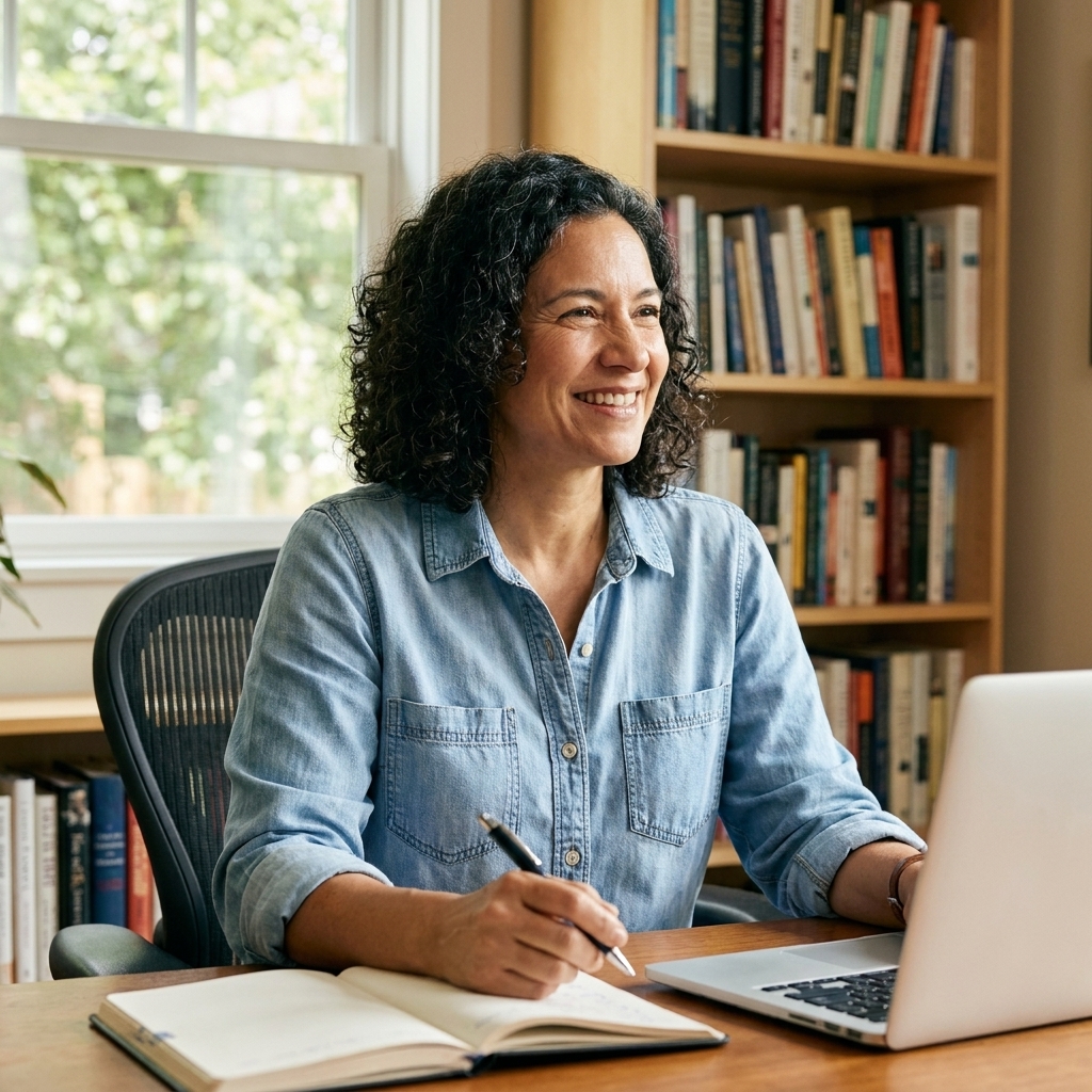 Elena Martinez sitting at a desk with a notebook and laptop, smiling warmly in a bright home office with bookshelves in the background