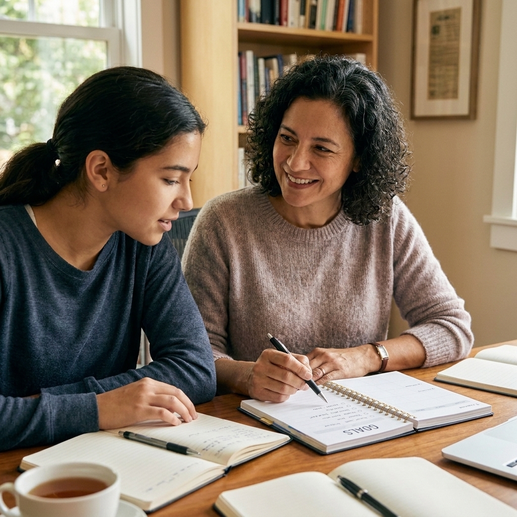 Elena Martinez speaking with a student at a table with open notebooks and a planner, both focused on a list of goals in a calm, supportive setting