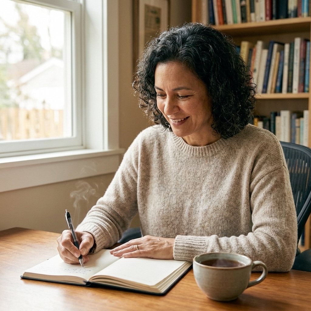 Elena Martinez writing in a notebook with a cup of tea nearby, sitting at a wooden table in soft natural light