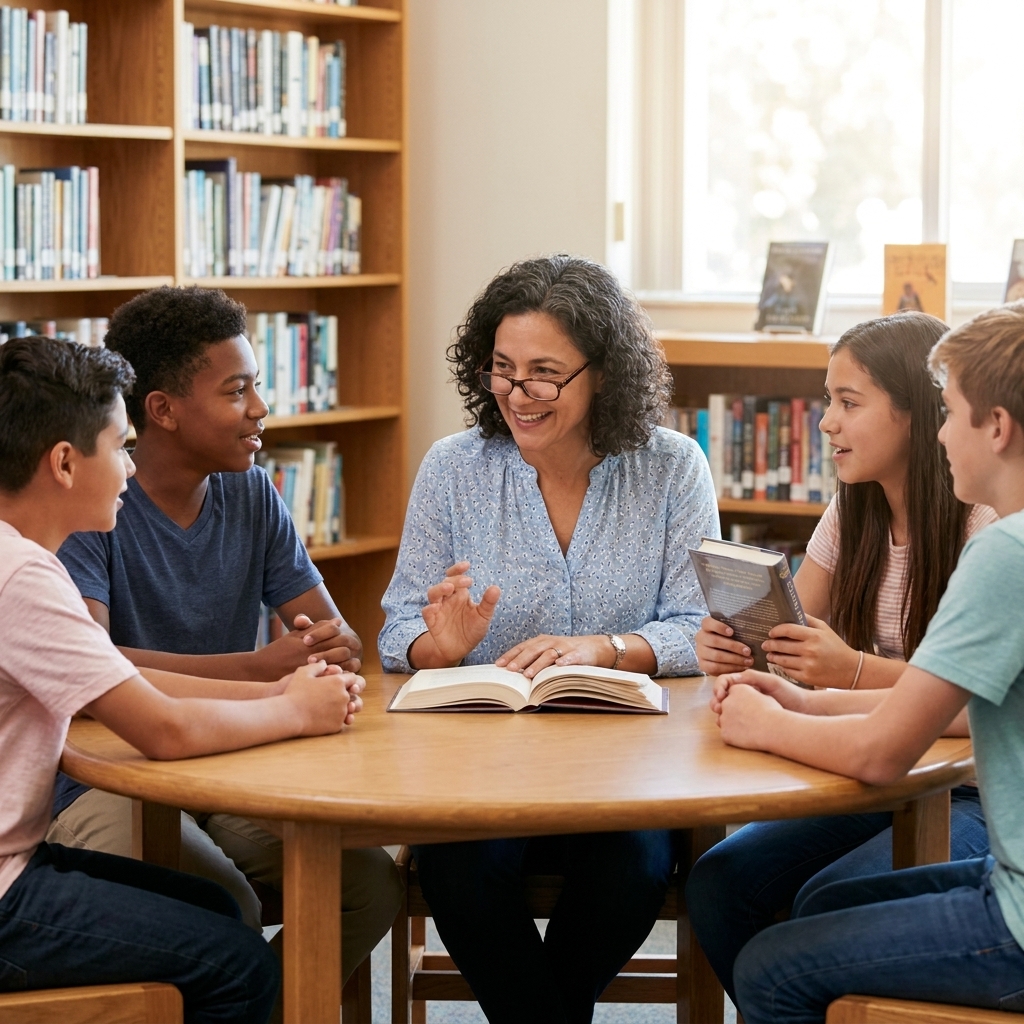 Middle and high school students seated around a library table discussing a book with a librarian.