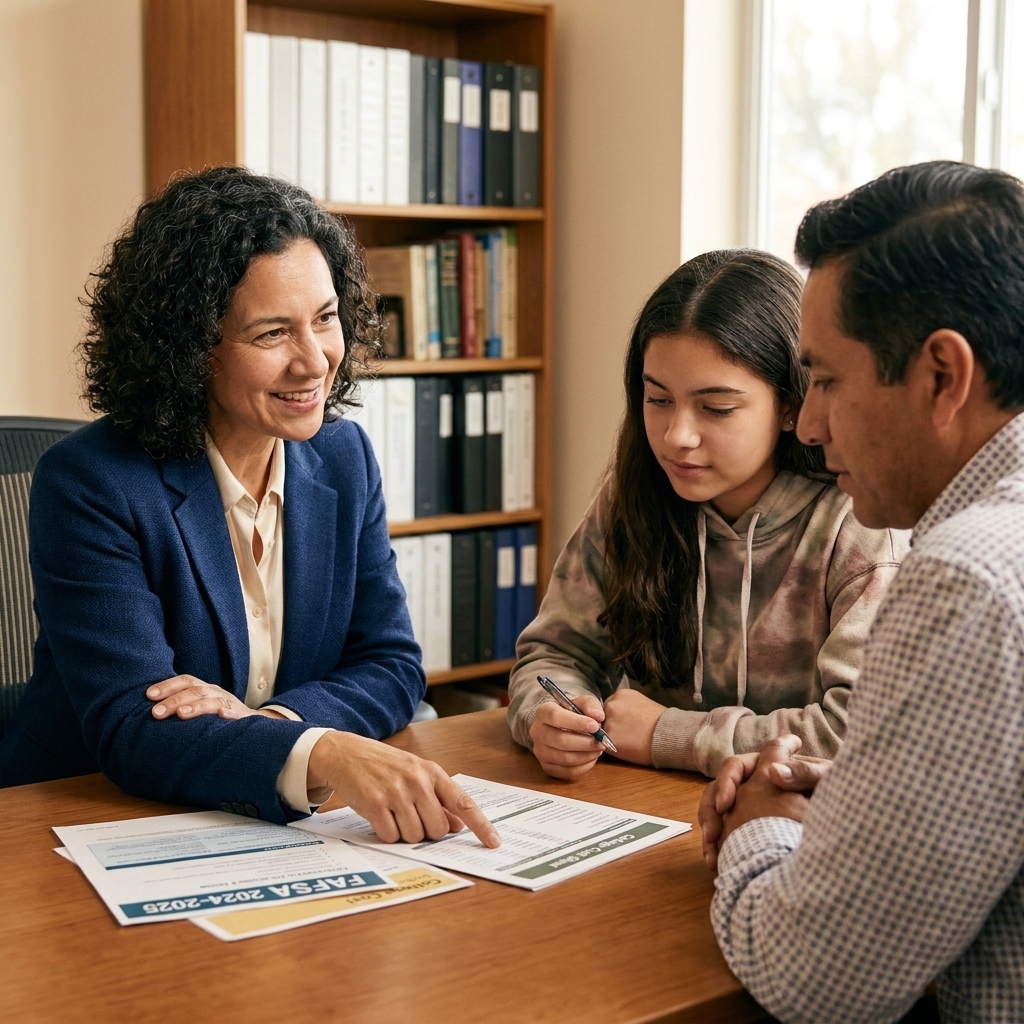 Student and parent meeting with a financial aid counselor at a desk, reviewing aid forms and a cost sheet in an office