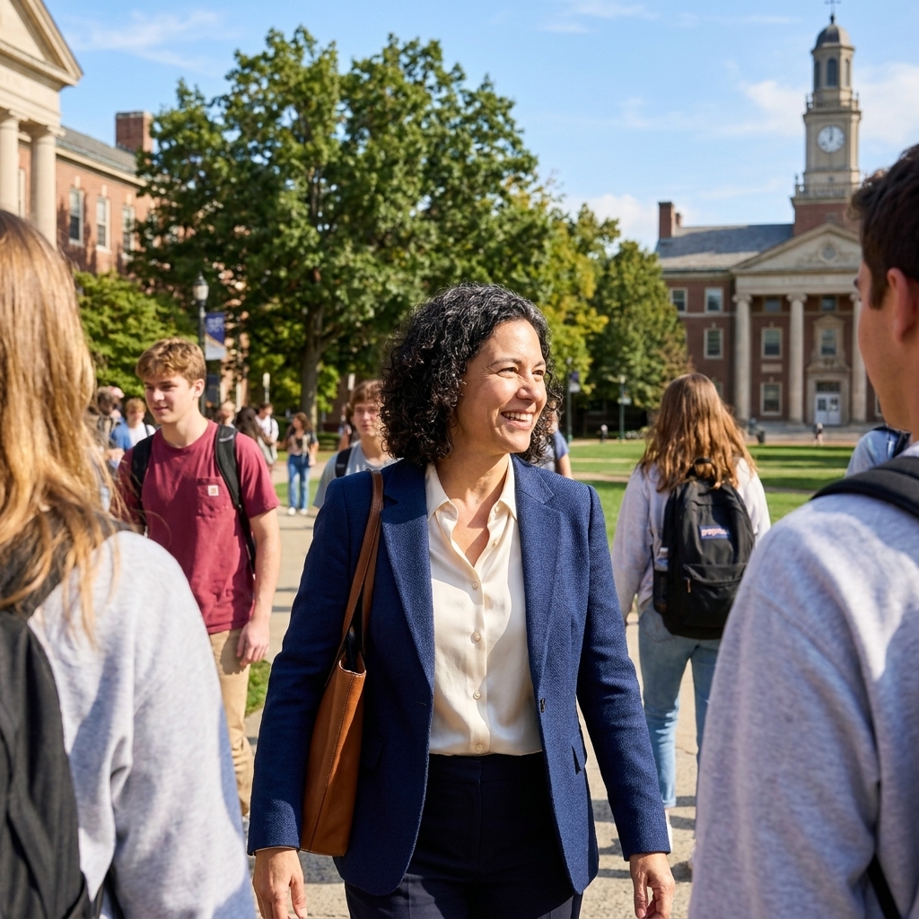 Students walking across a university campus quad with trees and academic buildings in the background on a bright afternoon