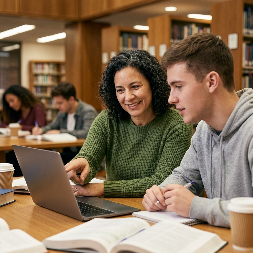 Two students working together at a library table with a laptop open, discussing study notes while one points at the screen